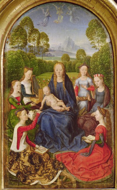 Maagd en Kind met Heiligen, linker paneel van het Diptiek van Jean du Cellier, c.1490 door Hans Memling